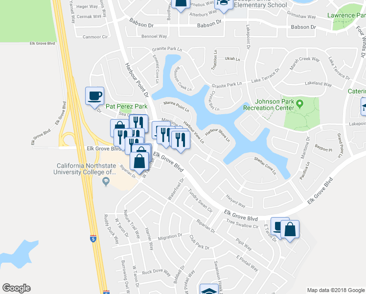 map of restaurants, bars, coffee shops, grocery stores, and more near 9545 Coney Island Circle in Elk Grove