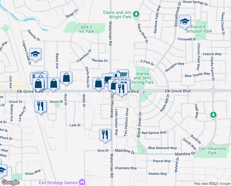 map of restaurants, bars, coffee shops, grocery stores, and more near 5010 Elk Grove Boulevard in Elk Grove