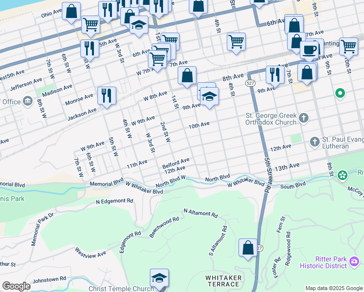 map of restaurants, bars, coffee shops, grocery stores, and more near 114 11th Ave in Huntington