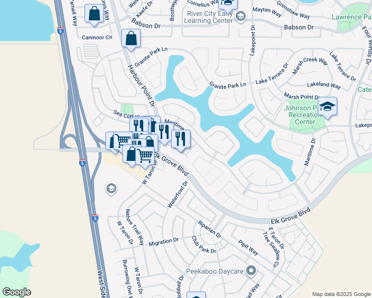 map of restaurants, bars, coffee shops, grocery stores, and more near 9557 Coney Island Circle in Elk Grove