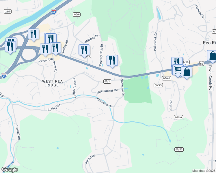 map of restaurants, bars, coffee shops, grocery stores, and more near 5474 Shawnee Circle in Huntington