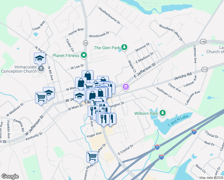 map of restaurants, bars, coffee shops, grocery stores, and more near 205 East Jefferson Street in La Grange