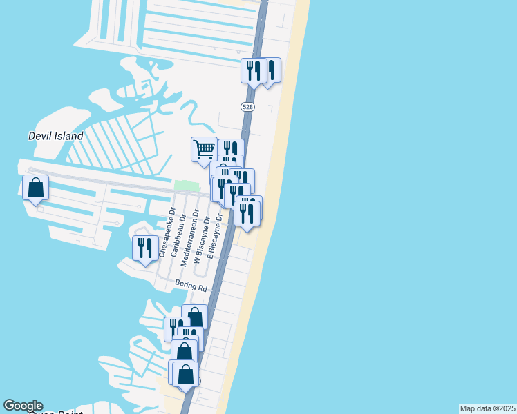 map of restaurants, bars, coffee shops, grocery stores, and more near 9301 Atlantic Avenue in Ocean City