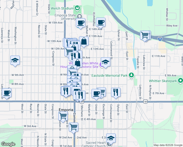 map of restaurants, bars, coffee shops, grocery stores, and more near 906 Market Street in Emporia