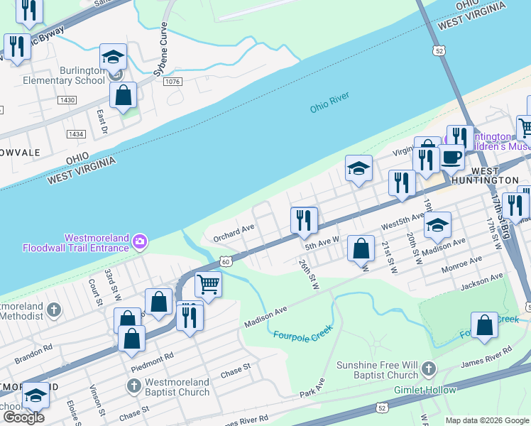 map of restaurants, bars, coffee shops, grocery stores, and more near 2510 Smith Street in Huntington