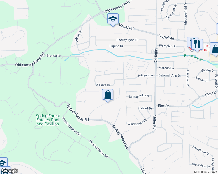 map of restaurants, bars, coffee shops, grocery stores, and more near 3277 5 Oaks Drive in Arnold