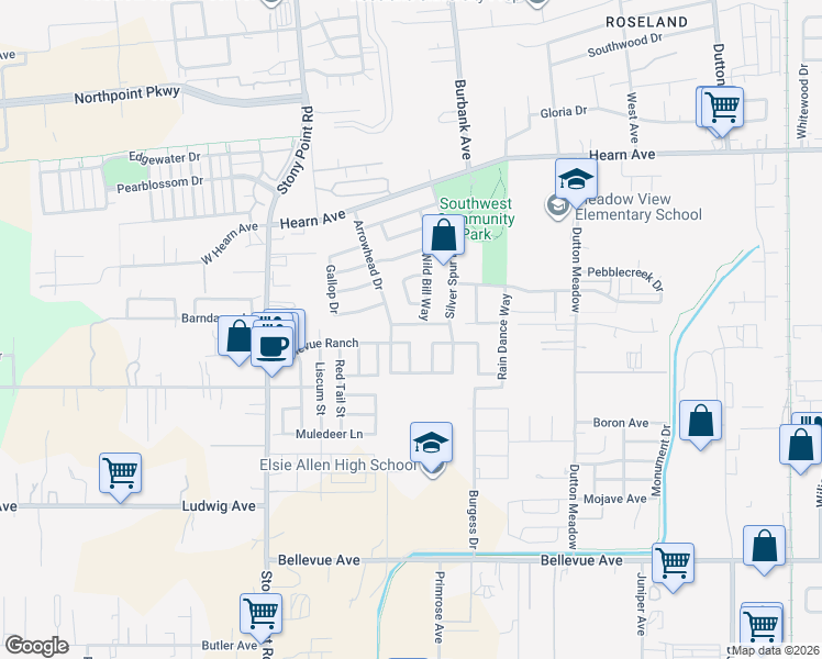 map of restaurants, bars, coffee shops, grocery stores, and more near 2020 Blacksmith Way in Santa Rosa