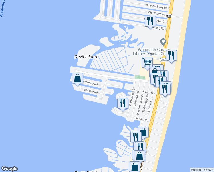 map of restaurants, bars, coffee shops, grocery stores, and more near 611 Salt Spray Road in Ocean City