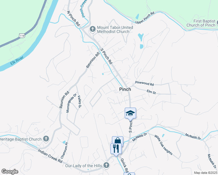 map of restaurants, bars, coffee shops, grocery stores, and more near McGrew Dr in Elkview