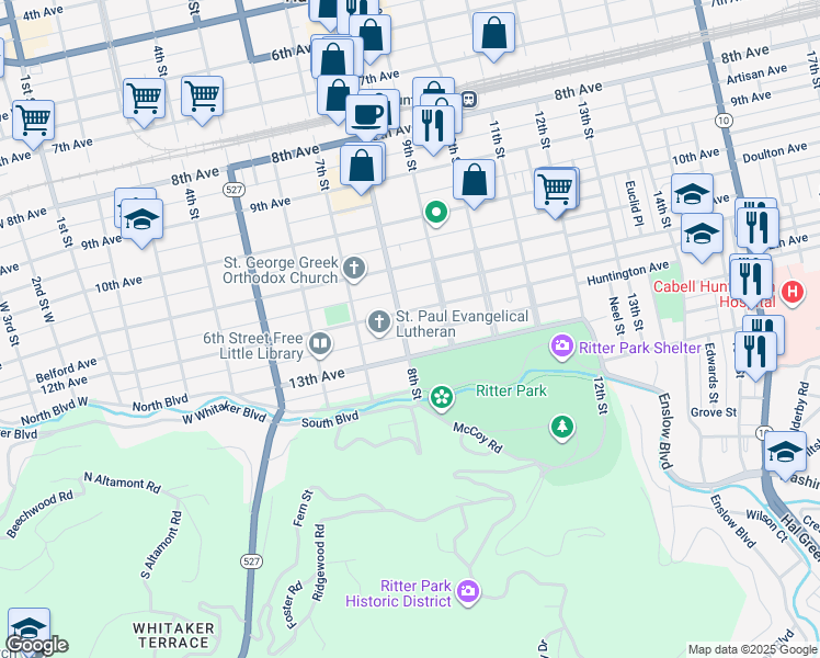 map of restaurants, bars, coffee shops, grocery stores, and more near 825 12th Avenue in Huntington