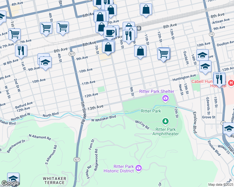 map of restaurants, bars, coffee shops, grocery stores, and more near 729 12th Avenue in Huntington