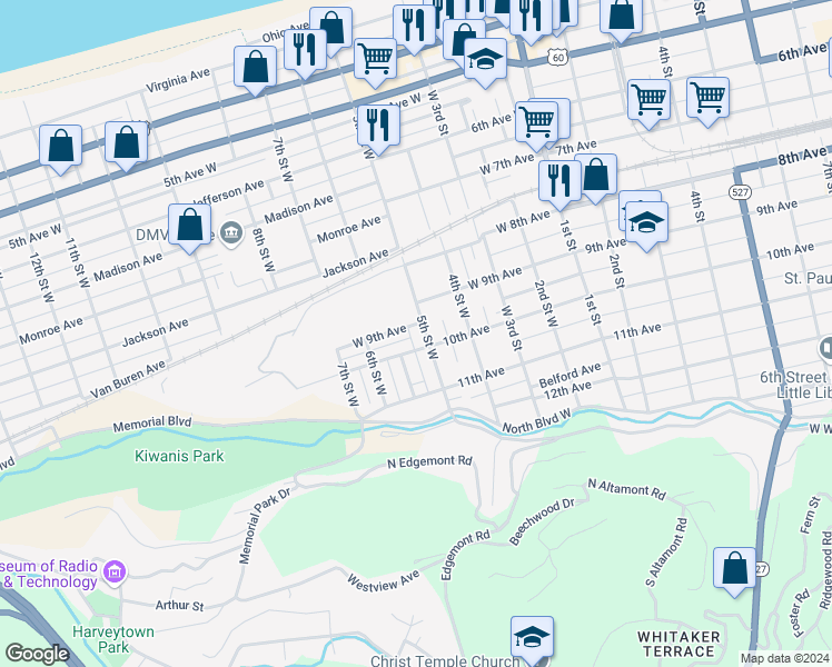 map of restaurants, bars, coffee shops, grocery stores, and more near 916 5th Street West in Huntington