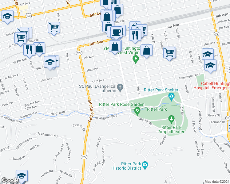 map of restaurants, bars, coffee shops, grocery stores, and more near 701 12th Avenue in Huntington