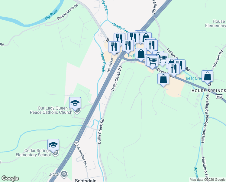 map of restaurants, bars, coffee shops, grocery stores, and more near 4616 Dulin Creek Road in Jefferson County