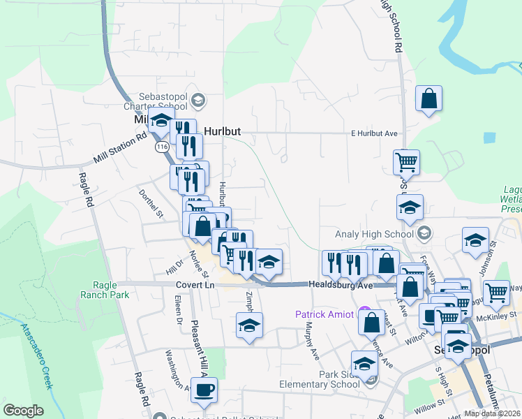 map of restaurants, bars, coffee shops, grocery stores, and more near 753 Hurlbut Avenue in Sebastopol
