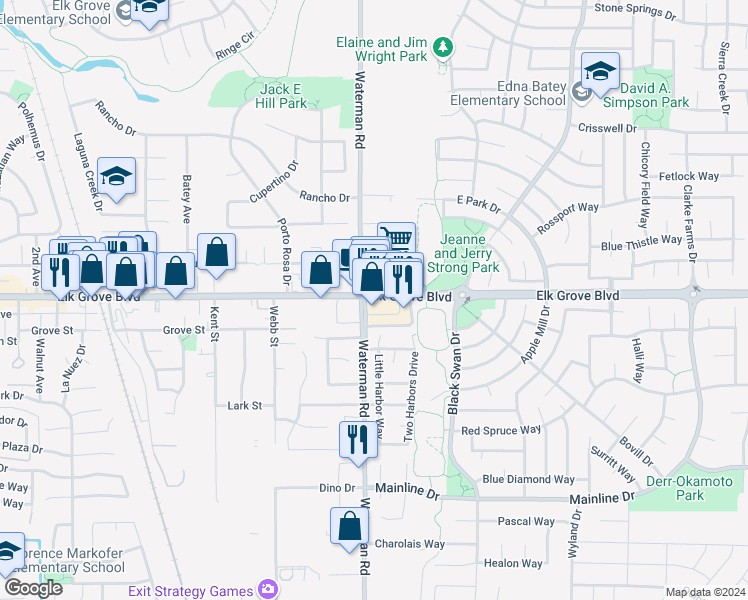 map of restaurants, bars, coffee shops, grocery stores, and more near 5010 Elk Grove Boulevard in Elk Grove