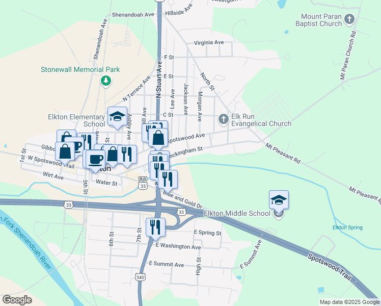 map of restaurants, bars, coffee shops, grocery stores, and more near 302 East Rockingham Street in Elkton