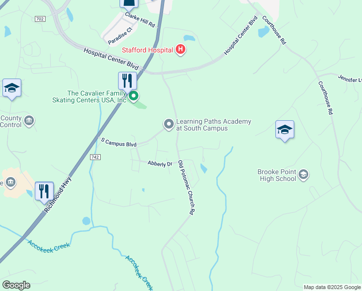 map of restaurants, bars, coffee shops, grocery stores, and more near 129 Old Potomac Church Road in Stafford