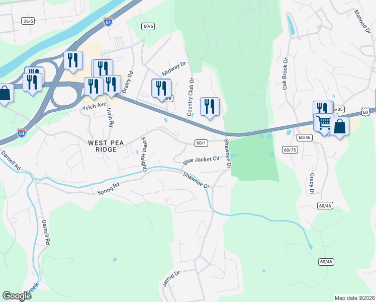 map of restaurants, bars, coffee shops, grocery stores, and more near 5422 Lea Hill Drive in Huntington
