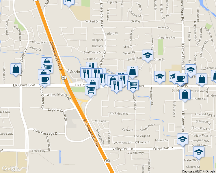map of restaurants, bars, coffee shops, grocery stores, and more near 8670 Elk Grove Boulevard in Elk Grove