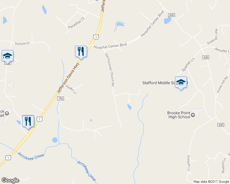 map of restaurants, bars, coffee shops, grocery stores, and more near 129 Old Potomac Church Road in Stafford