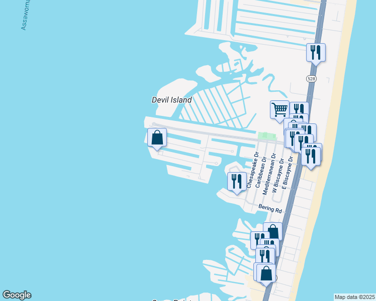 map of restaurants, bars, coffee shops, grocery stores, and more near 711 Mooring Road in Ocean City