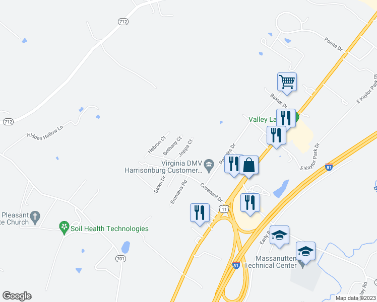 map of restaurants, bars, coffee shops, grocery stores, and more near 3167 Joppa Ct in Harrisonburg