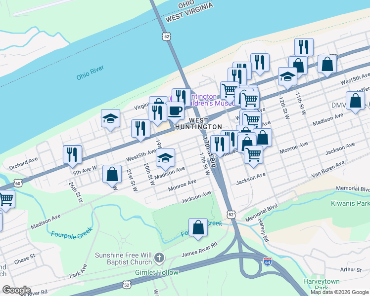 map of restaurants, bars, coffee shops, grocery stores, and more near 1750 Jefferson Avenue in Huntington