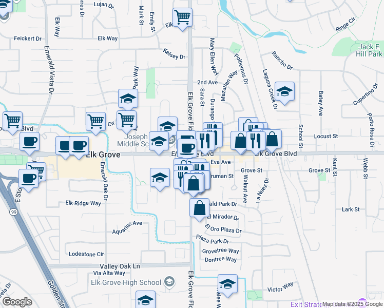map of restaurants, bars, coffee shops, grocery stores, and more near 8900 Elk Grove Boulevard in Elk Grove