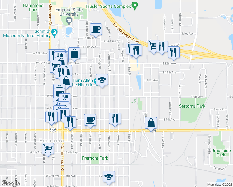 map of restaurants, bars, coffee shops, grocery stores, and more near 905 Sylvan Street in Emporia
