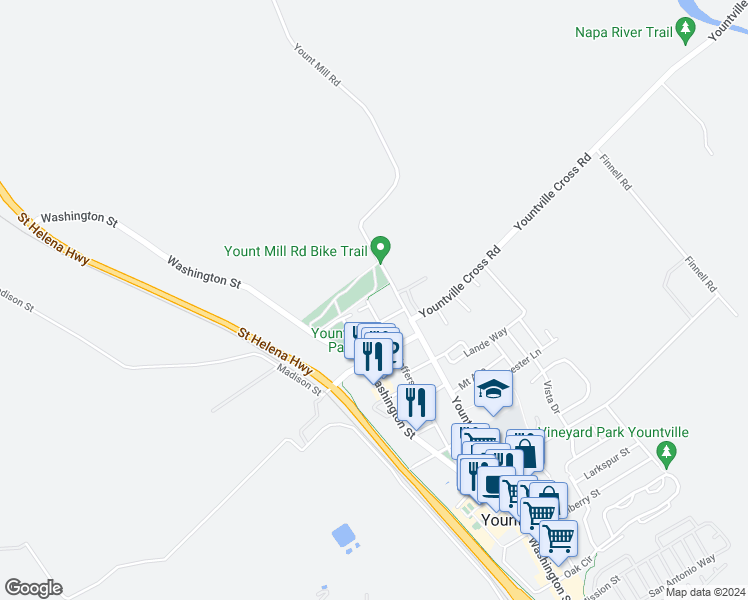 map of restaurants, bars, coffee shops, grocery stores, and more near 6916 Jefferson Street in Yountville