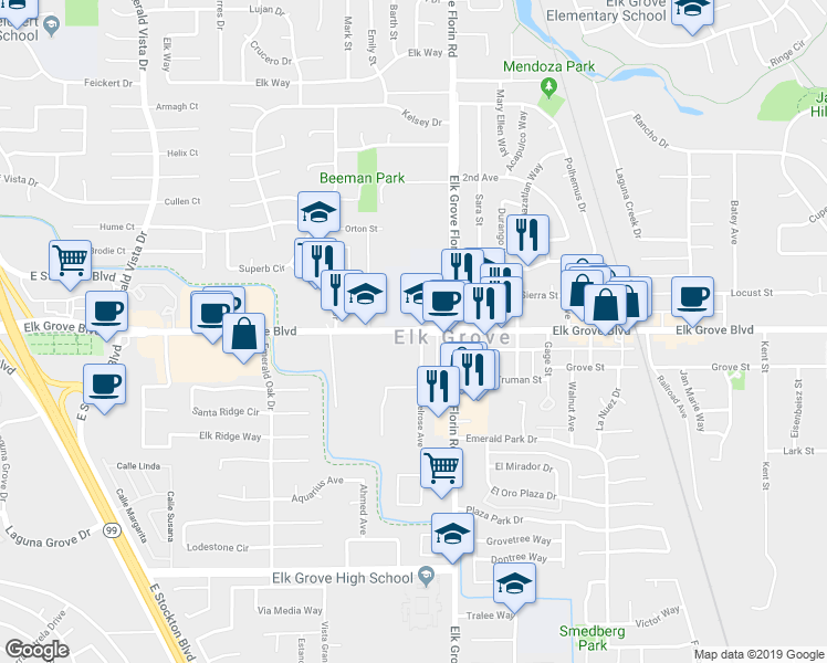 map of restaurants, bars, coffee shops, grocery stores, and more near 8852 Elk Grove Boulevard in Elk Grove