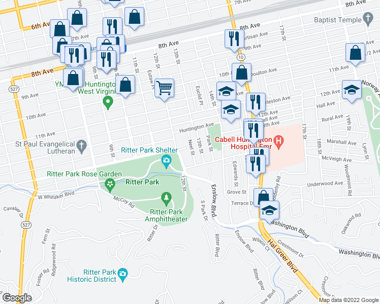 map of restaurants, bars, coffee shops, grocery stores, and more near 1347 Neel St in Huntington