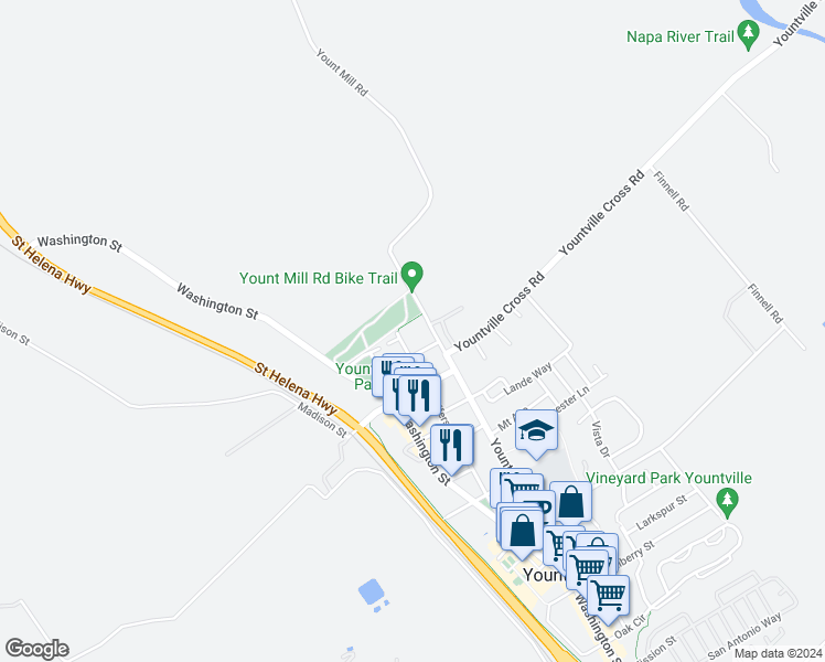 map of restaurants, bars, coffee shops, grocery stores, and more near 6916 Jefferson Street in Yountville