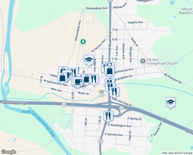 map of restaurants, bars, coffee shops, grocery stores, and more near 146 West Spotswood Avenue in Elkton