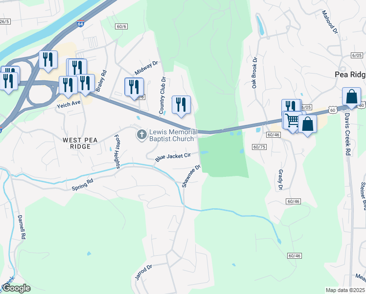 map of restaurants, bars, coffee shops, grocery stores, and more near 5474 Shawnee Circle in Huntington