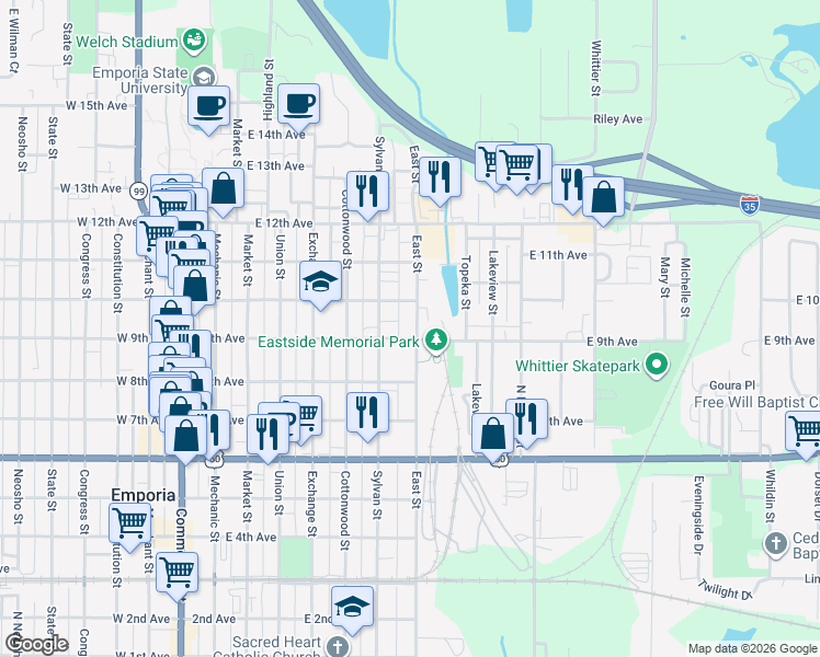 map of restaurants, bars, coffee shops, grocery stores, and more near 905 East Street in Emporia