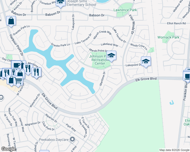 map of restaurants, bars, coffee shops, grocery stores, and more near 3404 Heron Lake Lane in Elk Grove