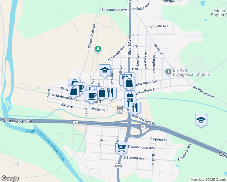 map of restaurants, bars, coffee shops, grocery stores, and more near 146 W Spotswood Ave in Elkton