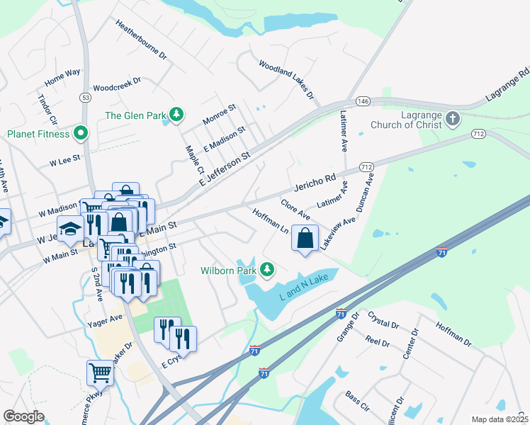map of restaurants, bars, coffee shops, grocery stores, and more near 113 Hoffman Lane in La Grange