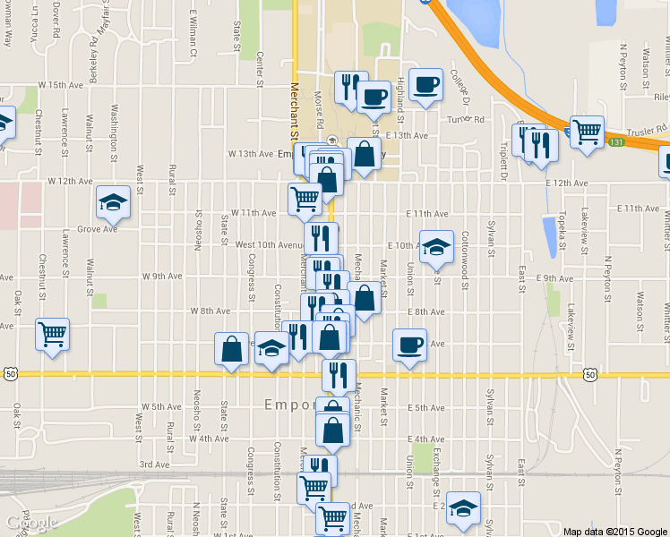 map of restaurants, bars, coffee shops, grocery stores, and more near 906 Commercial St in Emporia