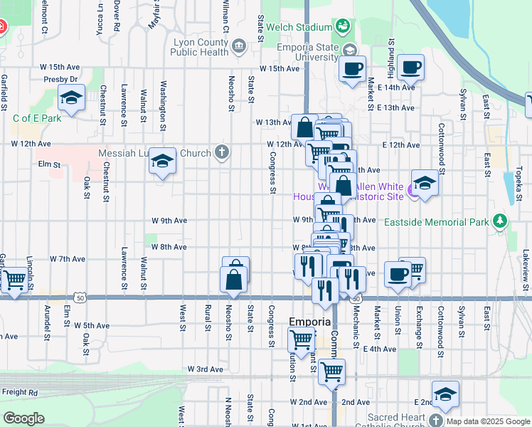 map of restaurants, bars, coffee shops, grocery stores, and more near 907 Congress Street in Emporia