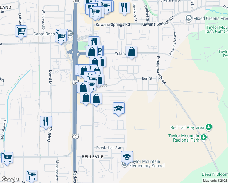 map of restaurants, bars, coffee shops, grocery stores, and more near 345 Ricardo Avenue in Santa Rosa