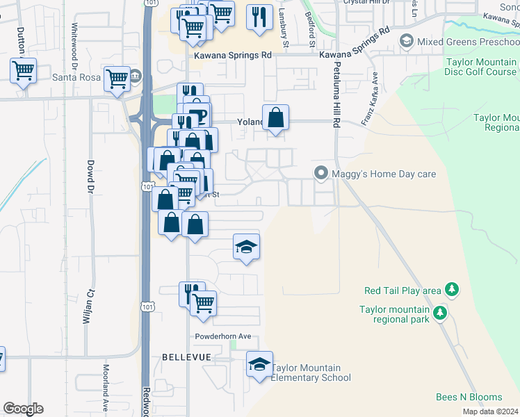 map of restaurants, bars, coffee shops, grocery stores, and more near 437 Ricardo Avenue in Santa Rosa