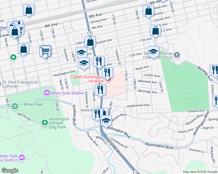 map of restaurants, bars, coffee shops, grocery stores, and more near 1600 Medical Center Drive in Huntington