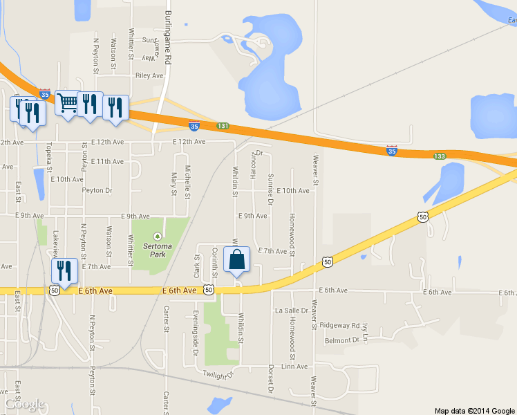 map of restaurants, bars, coffee shops, grocery stores, and more near 908 Waverly Way in Emporia
