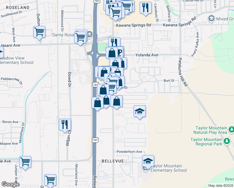 map of restaurants, bars, coffee shops, grocery stores, and more near 2790 Santa Rosa Avenue in Santa Rosa