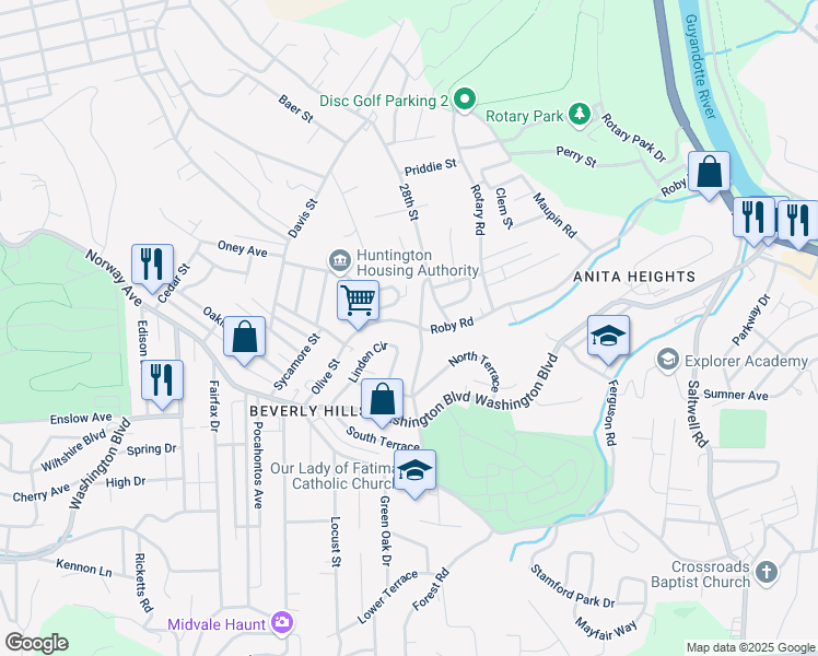 map of restaurants, bars, coffee shops, grocery stores, and more near 345 Olive St in Huntington