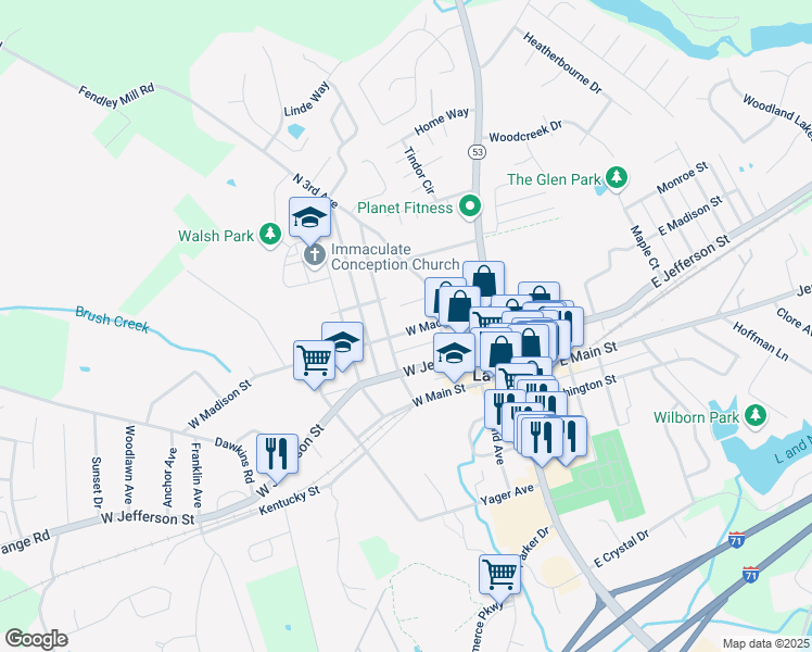 map of restaurants, bars, coffee shops, grocery stores, and more near 312 West Madison Street in La Grange