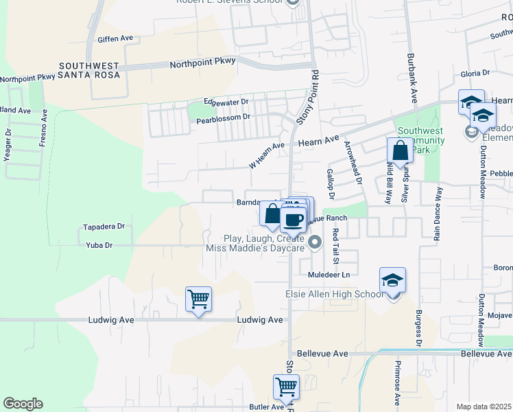 map of restaurants, bars, coffee shops, grocery stores, and more near 2644 Barndance Ln in Santa Rosa